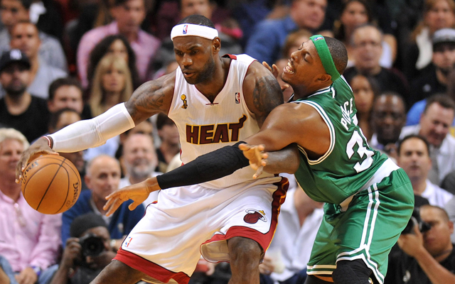ct 30, 2012; Miami, FL, USA; Miami Heat small forward LeBron James (6) is pressured by Boston Celtics small forward Paul Pierce (34) during the first half at American Airlines Arena. Mandatory Credit: Steve Mitchell-USA TODAY Sports